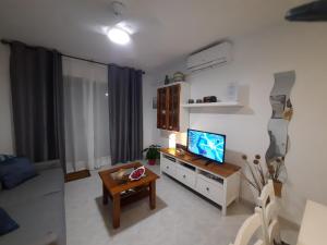 a living room with a couch and a tv in it at Alcossebre APARTAMENTO ALANDALUS PLANTA BAJA in Alcossebre