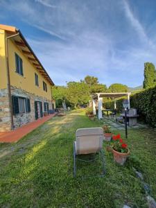 a chair sitting in the grass next to a house at Agriturismo Il Gelso in Pomaia