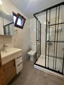 a bathroom with a shower and a sink and a toilet at Incekum Pansiyon in Bodrum City