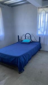 um quarto com uma cama azul num quarto em Casa Campestre con Lagos em Puerto Beltrancito
