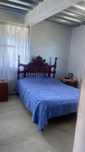 um quarto com uma cama com um cobertor azul em Casa Campestre con Lagos em Puerto Beltrancito