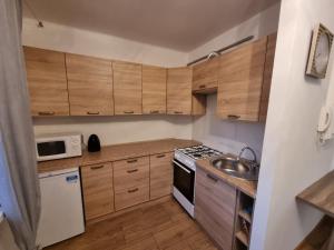 eine kleine Küche mit Holzschränken und einem Waschbecken in der Unterkunft Apartament 41 in Częstochowa