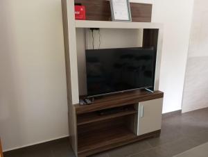 una TV a schermo piatto su un centro di intrattenimento in legno di Le Nid de Bea Self-catering Apartments a La Digue