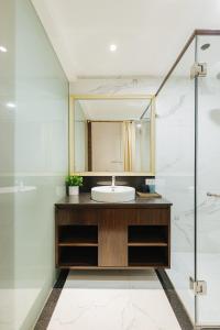 a bathroom with a sink and a mirror at VietHOME Trang Tien in Hanoi