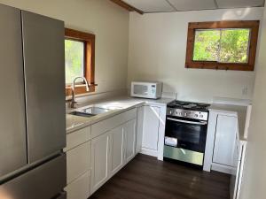 a kitchen with a sink and a stove and a microwave at Camp Lake Bear in South Colton