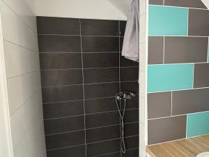 a bathroom with a shower with black tiles at Les chambres du Bistro du Canal in Pleyben