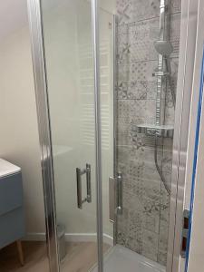 W łazience znajduje się prysznic ze szklanymi drzwiami. w obiekcie Maison 5 chambres 3sdb en ville avec piscine w mieście Périgueux