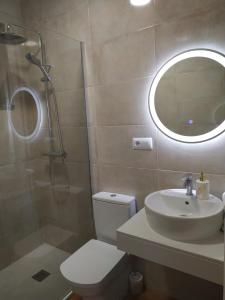 a bathroom with a toilet and a sink and a shower at Pension Fercomar in Sanxenxo +41 photos