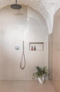 a shower in a white room with a potted plant at Masseria Auraterrae in Polignano a Mare
