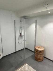 a shower with a glass door in a bathroom at The Modern Fisherman Cabin Lofoten in Ballstad