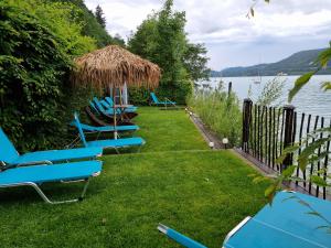 eine Reihe blauer Liegestühle auf dem Gras am Wasser in der Unterkunft Pension Waldesruh in Velden am Wörthersee