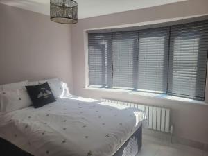 um quarto com uma cama e uma janela com persianas em The Little Red House em Sheffield