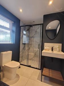 a bathroom with a shower and a toilet and a sink at The Little Red House in Sheffield