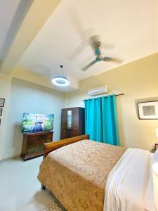 um quarto com uma cama e uma televisão de ecrã plano em Green Oasis Hotel em La Romana