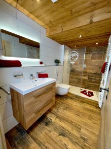 a bathroom with a sink and a toilet at Pension Loiplstüberl in Bischofswiesen