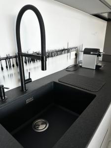 波爾蒂喬的住宿－RESIDENCE Neuve LE GALATEE PIED DANS L'EAU，厨房水槽和黑色台面