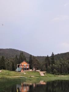 ein Haus auf einem Hügel neben einem See in der Unterkunft Apartmani JEZERO in Žabljak