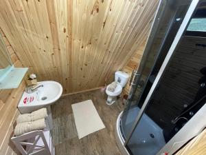 uma casa de banho em madeira com um lavatório e um WC em Take a Break Kazbegi em Stepantsminda