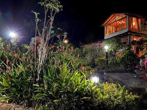 un jardín por la noche con una casa con luces en El Mortiño, en San Gil