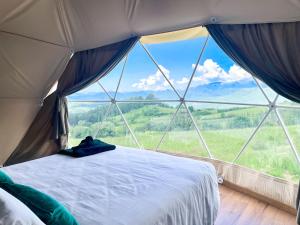 a bed in a tent with a large window at Masseria Monte Pizzi Glamping Dome in Cerreto