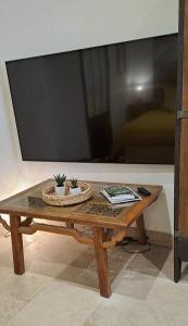 a wooden table with two plants on it in front of a television at Studio Calme Hyper Centre Brive in Brive-la-Gaillarde