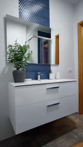 ein Badezimmer mit einem weißen Waschbecken und einer Topfpflanze in der Unterkunft Apartamento Arenita in Puerto