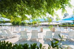 un grupo de sillas y sombrillas junto a una piscina en Camping Le Palme, en Marina di Bibbona