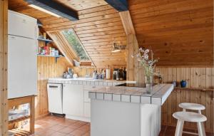eine Küche mit weißen Geräten und einer Holzdecke in der Unterkunft Amazing Home In Sjællands Odde in Yderby