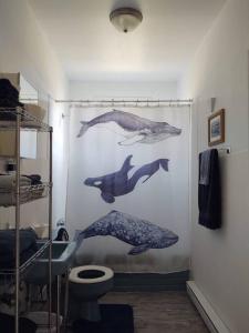 a bathroom with a shower curtain with whales and a toilet at North Sea Whale House in Princeton