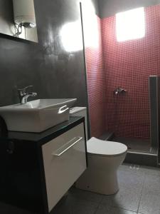 uma casa de banho com um lavatório, um WC e um chuveiro em Voulas suites em Eleftheroúpolis