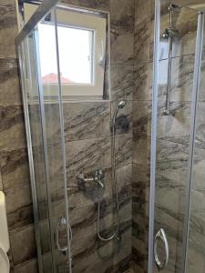 La salle de bains est pourvue d'une douche avec une porte en verre. dans l'établissement Apartmani Zeleni Vrtovi, à Visoko