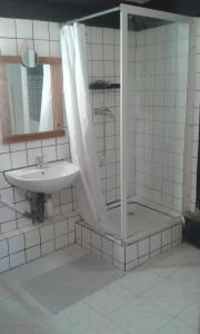 a bathroom with a sink and a shower with a sink at Studio VILLAGE 2ème étage in Entrecasteaux