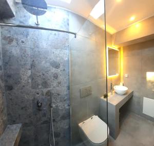 a bathroom with a shower with a toilet and a sink at Paros Blue Dolphin FULLY RENOVATED by RIVEA GROUP in Chrissi Akti