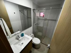 y baño con ducha, aseo y lavamanos. en Hermoso apartamento la Francia 3 habitaciones en Manizales