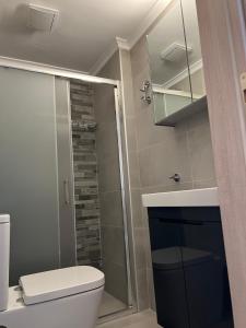 a bathroom with a shower and a toilet and a sink at Loutraki apARTment in Loutraki