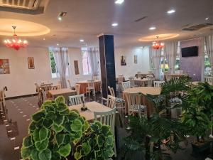 an empty restaurant with tables and chairs and plants at Hotel Velipoja Park in Velipojë