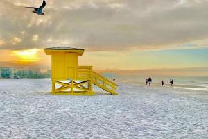 ein gelber Rettungsschwimmerstand an einem Strand mit einem Vogel in der Unterkunft Beach-town Pet-Friendly Downtown Home @ 10 acre Park-629 in Sarasota
