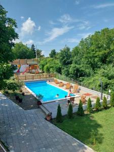 a swimming pool in a yard with people in it at Vila Kraljev Breg Fruška Gora Pool and Padel in Čortanovci