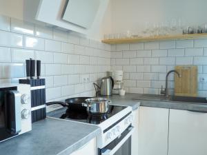 kuchnia z kuchenką z patelnią w obiekcie Apartamenty Świętego Wita w Żywcu