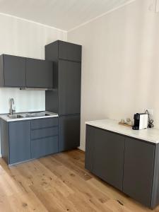 eine Küche mit grauen Schränken und einer Arbeitsplatte in der Unterkunft TEODORA SUITE blue in Ravenna