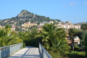 uma passarela com palmeiras e uma montanha em Bel appart rénové - la bohème em Hyères