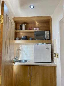 uma pequena cozinha com um lavatório e um micro-ondas em SHOREDITCH ROOMS - Apartments and Rooms in The City em Londres