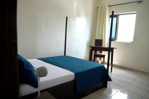 科托努的住宿－Résidence des Amazones Appartement 2，一间卧室配有一张带蓝色毯子的床