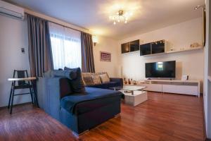 a living room with a blue couch and a tv at Apartman Kristijan in Viskovo