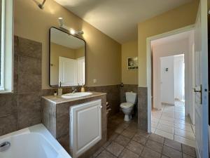 een badkamer met een wastafel, een toilet en een spiegel bij Villa Marinette in Juan-les-Pins