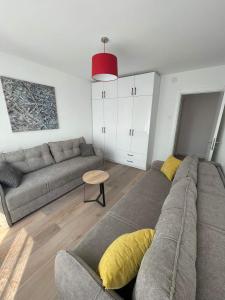 ein Wohnzimmer mit einem grauen Sofa und gelben Kissen in der Unterkunft Promenada Apartment in Novi Sad