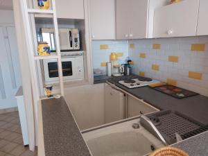 une cuisine avec un évier et un plan de travail dans l'établissement Location à banyuls vue panoramique, à Banyuls-sur-Mer