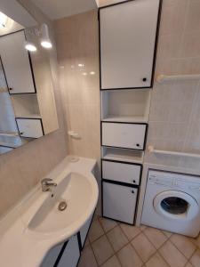 une salle de bain avec un lavabo et une machine à laver dans l'établissement Location à banyuls vue panoramique, à Banyuls-sur-Mer