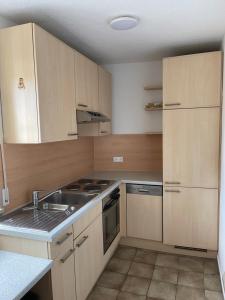 a small kitchen with wooden cabinets and a sink at Helle Zwei-Zimmer-Stadt-Wohnung am Bismarkplatz mit Tiefgarage in Landshut