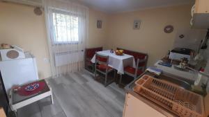 uma cozinha com uma mesa, uma mesa e um frigorífico em Centrala em Vrdnik
